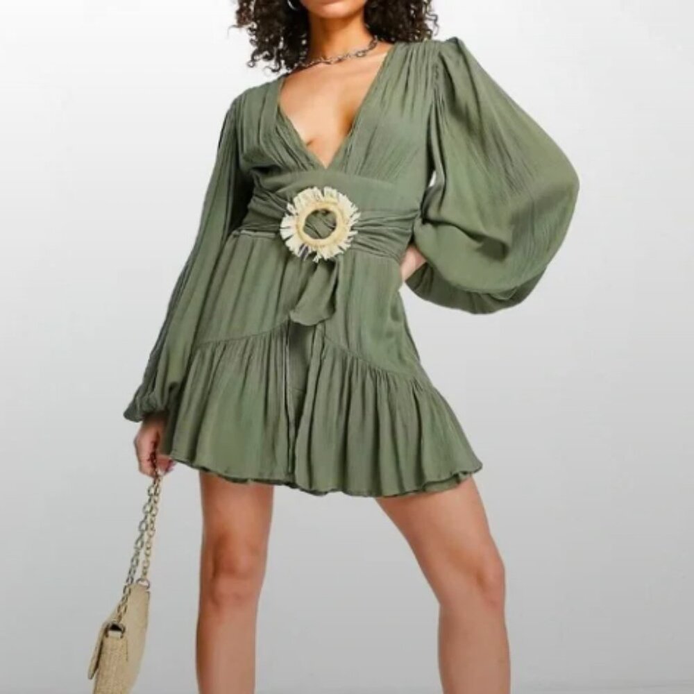 Olive Green Boho Mini Dress w/ Statement Buckle | Cottagecore Puff Sleeve